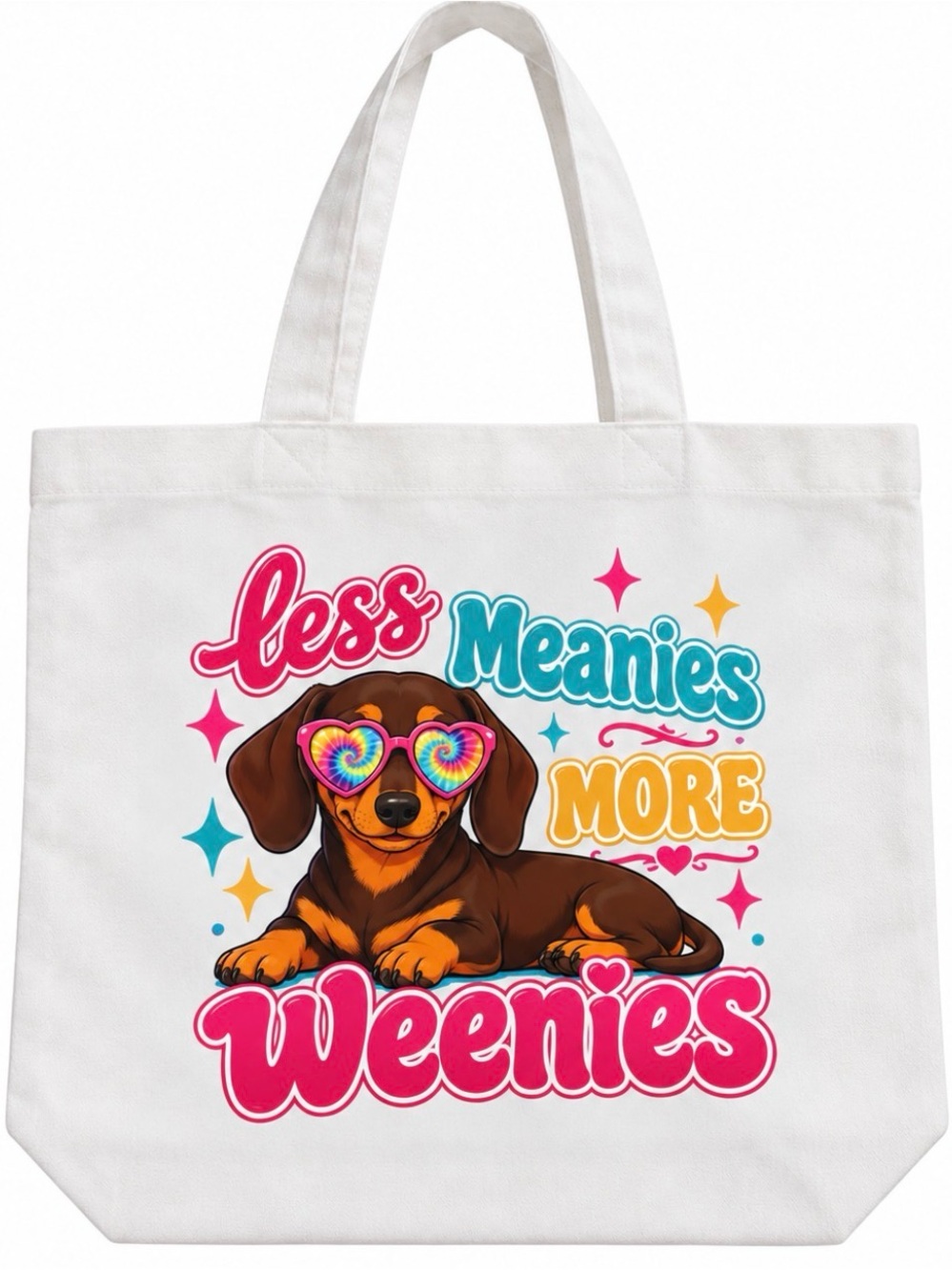 White Dachshund Graphic Tote Bag - Charming 'Less Meanies More Weenies' Design